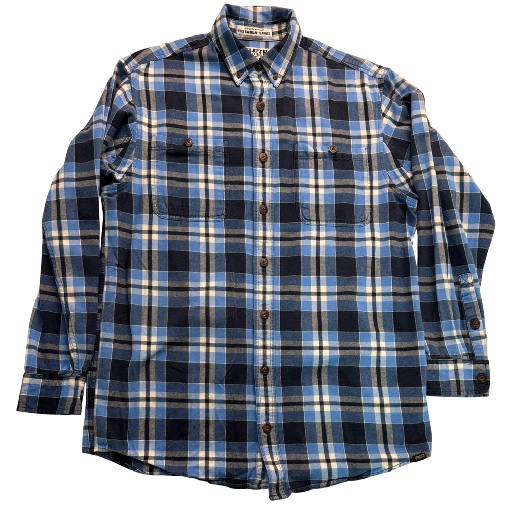 Duluth Trading Co Free Swingin Flannel Shirt Mens Medium Tall Blue Plaid "Read"